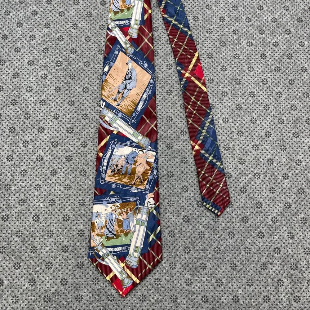 Vintage NEW Museum Artifacts Mens Silk Tie Golf Scenes Plaid Burgundy Navy Blue